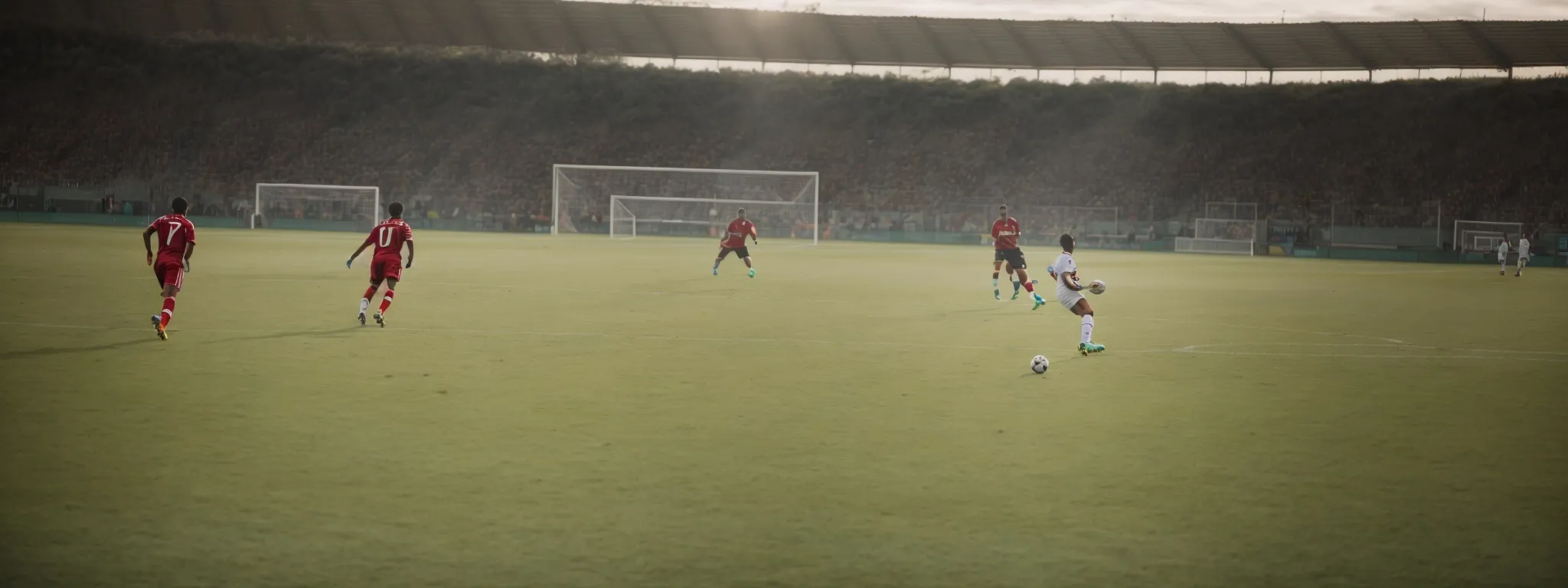 a soccer player deftly maneuvers the ball towards the goal against a backdrop of opponents.