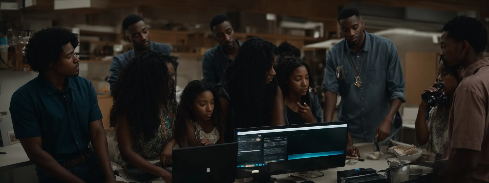 a diverse group of people gathered around a computer, engaging in a collaborative discussion.