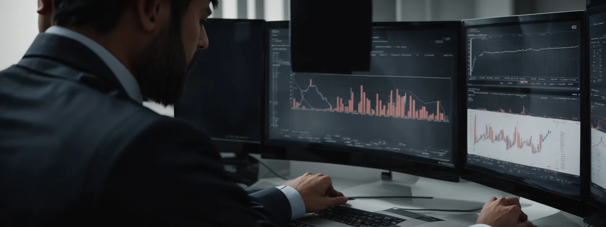 a business person analyzing graphs and charts on a computer screen that show both financial and seo performance data.