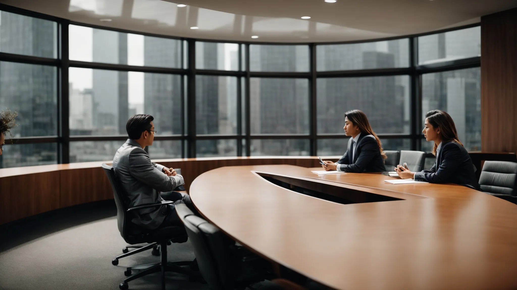 a client and a consultant sit face-to-face at a modern conference table, actively engaging in a focused discussion over a shared document that outlines a strategic plan.