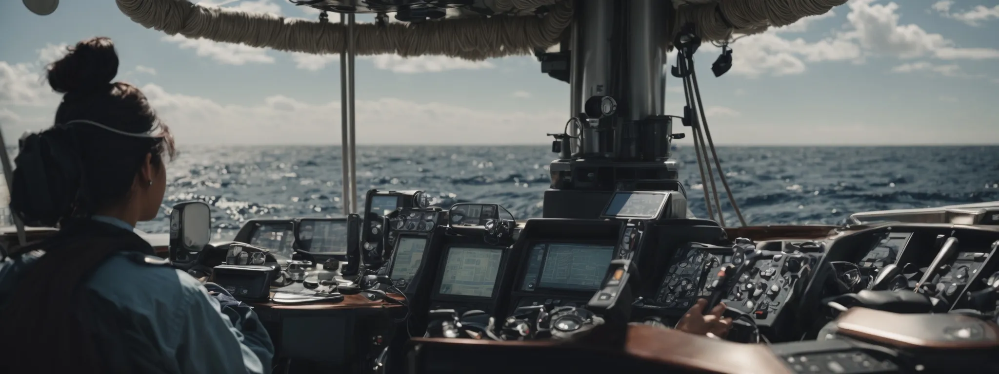 a figure stands at the helm of a ship, navigating through a sea of digital devices under a clear sky.