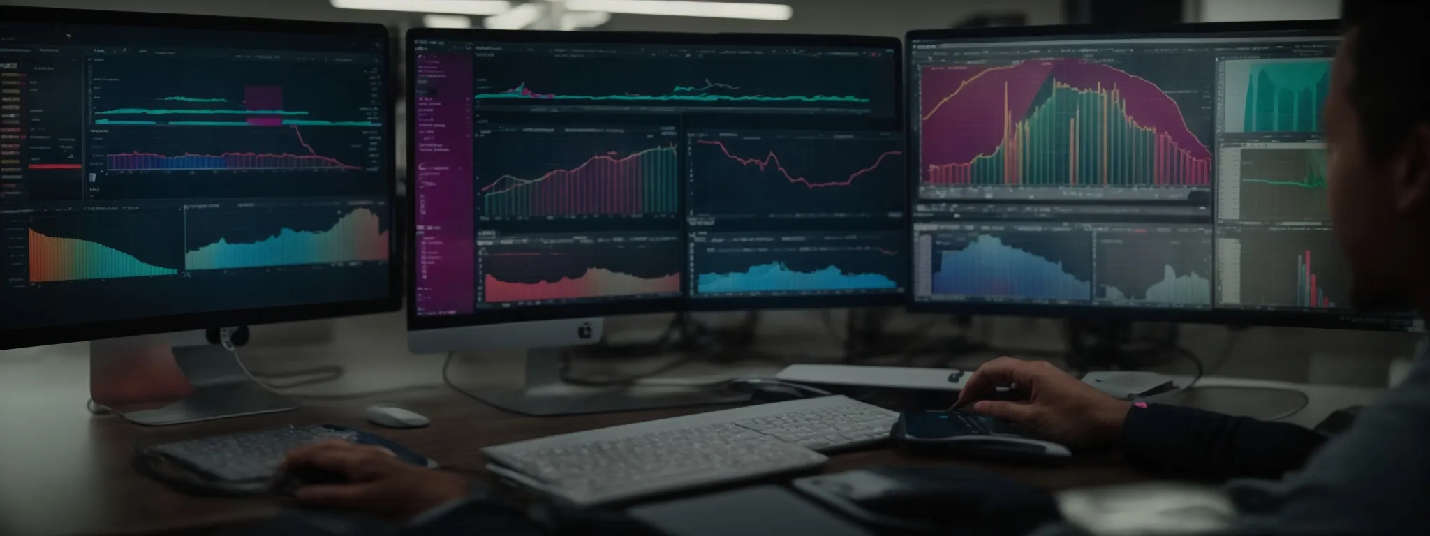 a marketer reviews colorful analytics graphs on a computer screen.