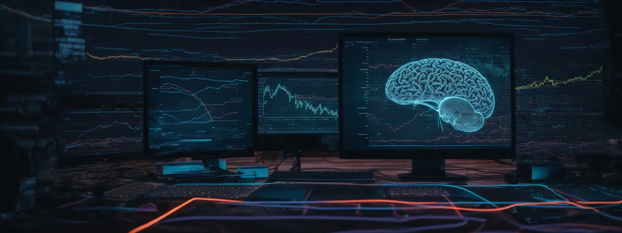 a computer screen displaying graphs and analytics reflecting seo performance trends with an overlay of ai-related icons such as a brain or circuit patterns.
