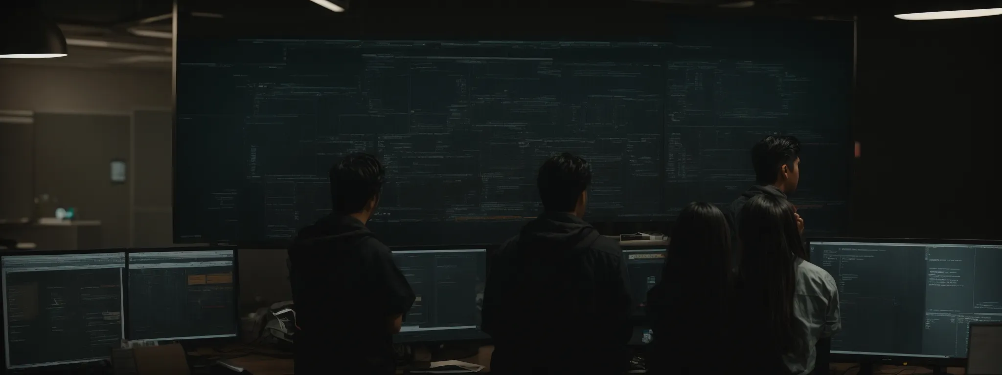 three individuals gather around a large computer screen, closely examining a flowchart of a search algorithm's components.