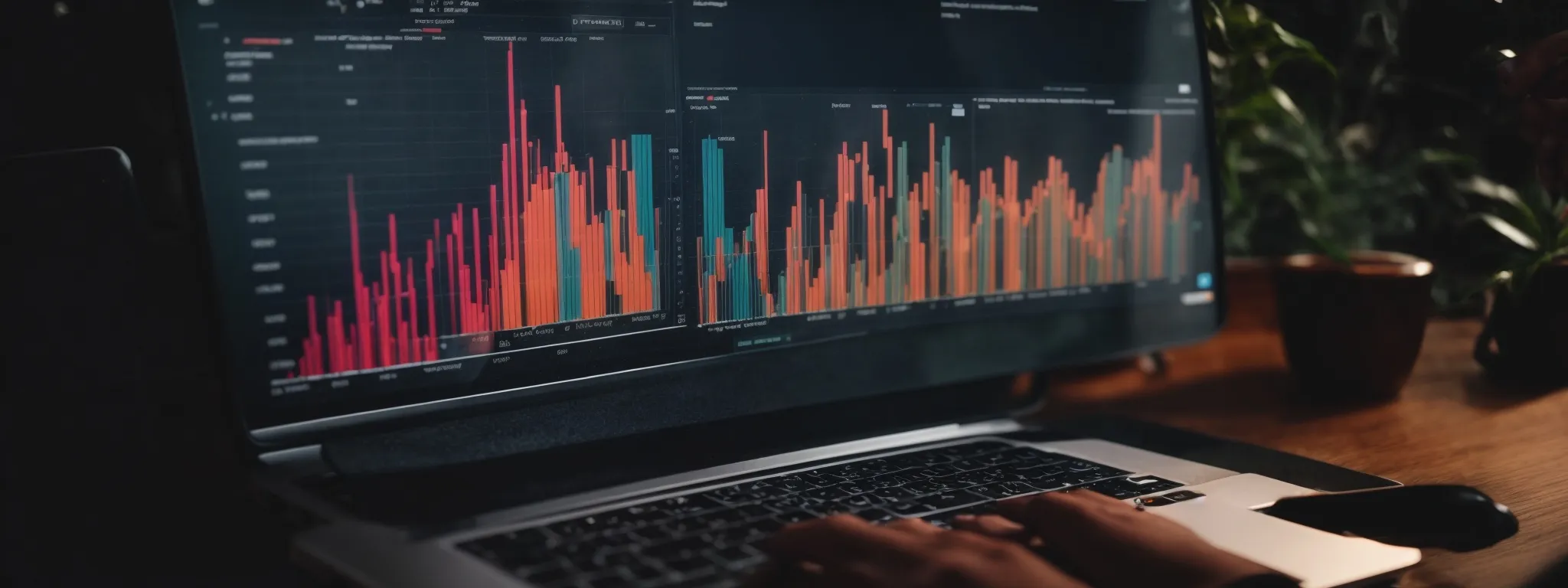 a digital marketer analyzes colorful keyword performance graphs on a laptop screen, optimizing an seo strategy.