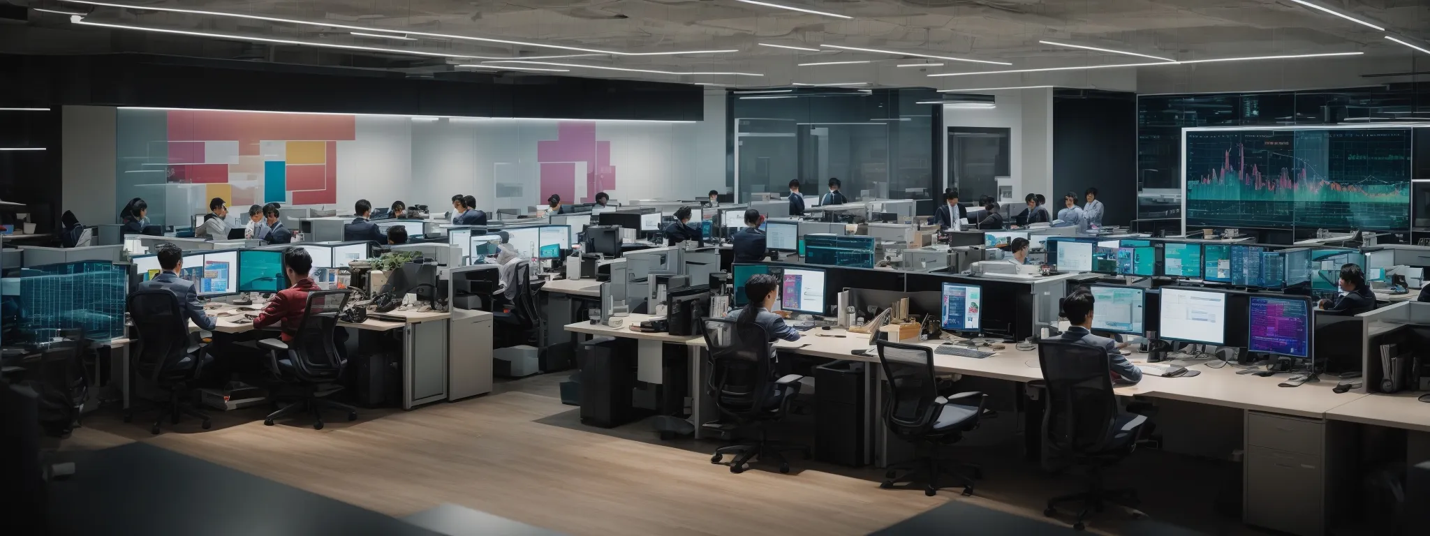 a wide-angle view of a bustling corporate office with teams engaged in collaborative work near computer screens displaying colorful analytics graphs.