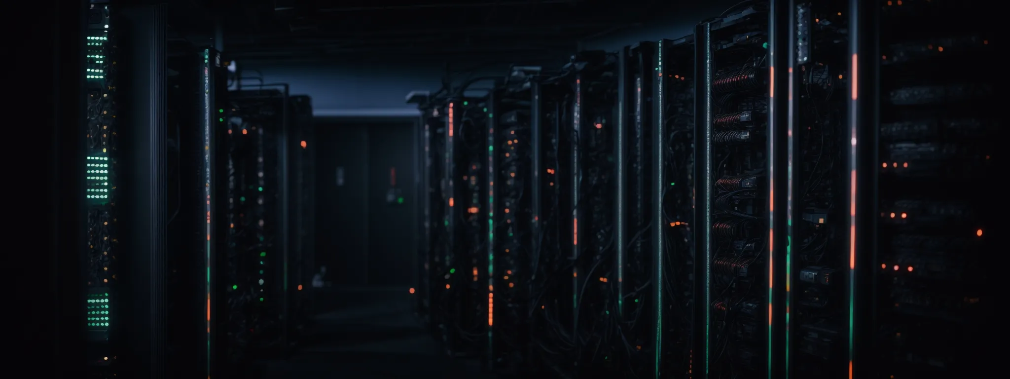a server rack in a data center with glowing lights indicating active network traffic.