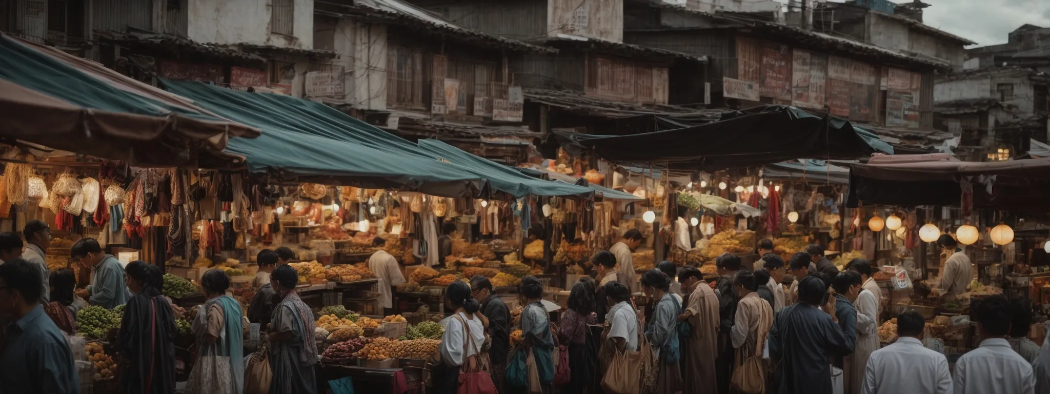 a bustling local marketplace teeming with diverse storefronts.