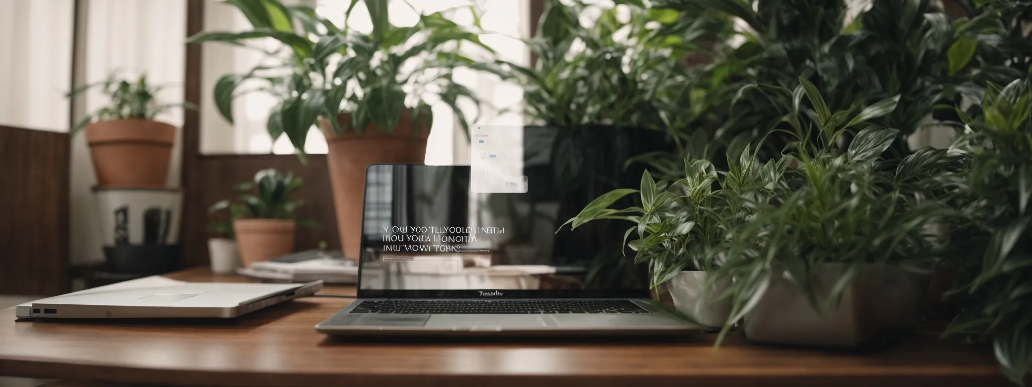 a laptop open to an email marketing platform interface beside a potted plant symbolizing growth in organic search traffic.