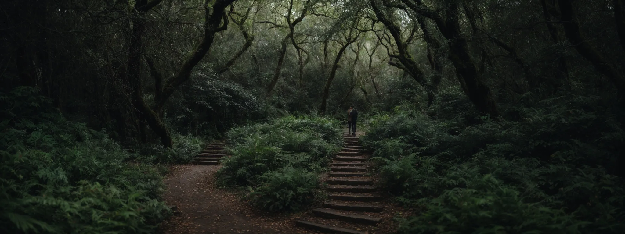 a wary individual examines a pathway divided, with one side leading through a dark, tangled forest and the other along a well-lit, serene garden.