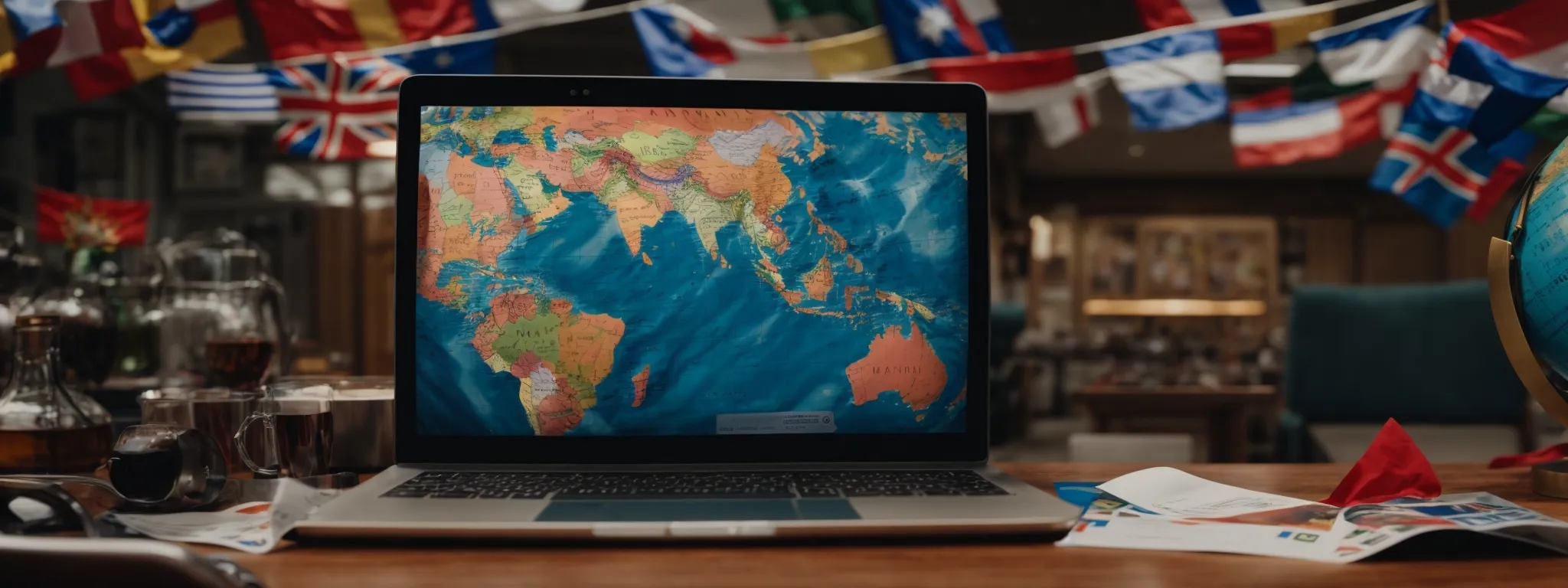 a globe centered on an open laptop with flags of various countries peeking in the background.