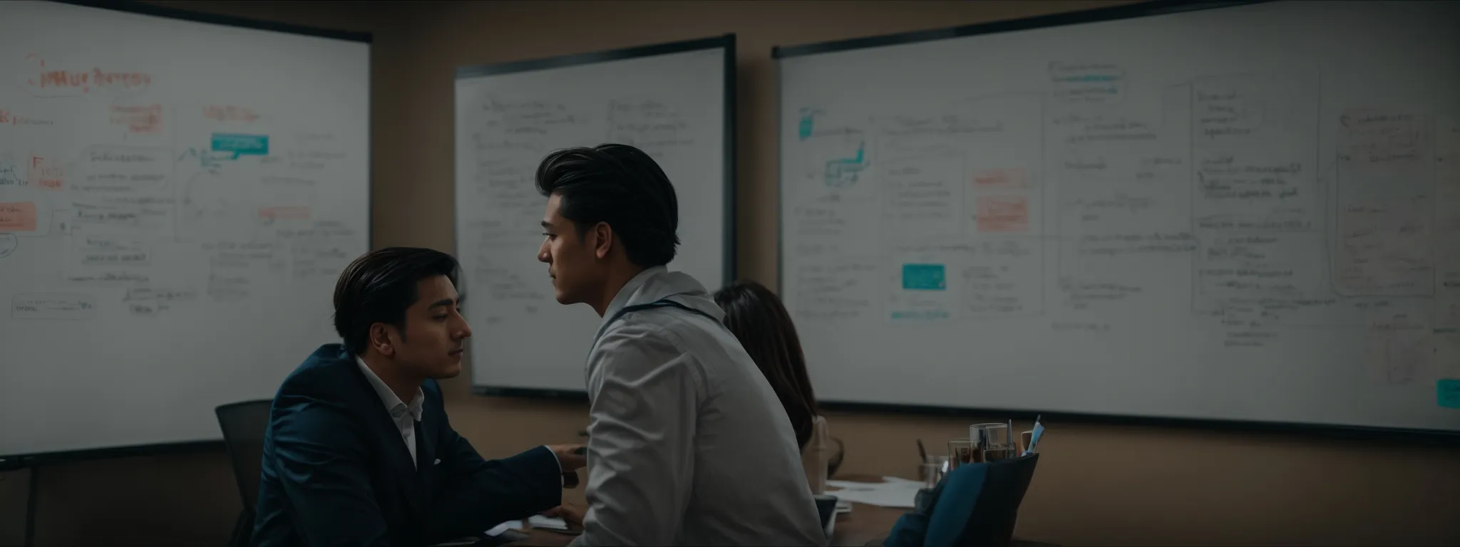 two professionals, one from it and the other from marketing, are engaged in a strategy meeting with a whiteboard filled with seo concepts in the background.