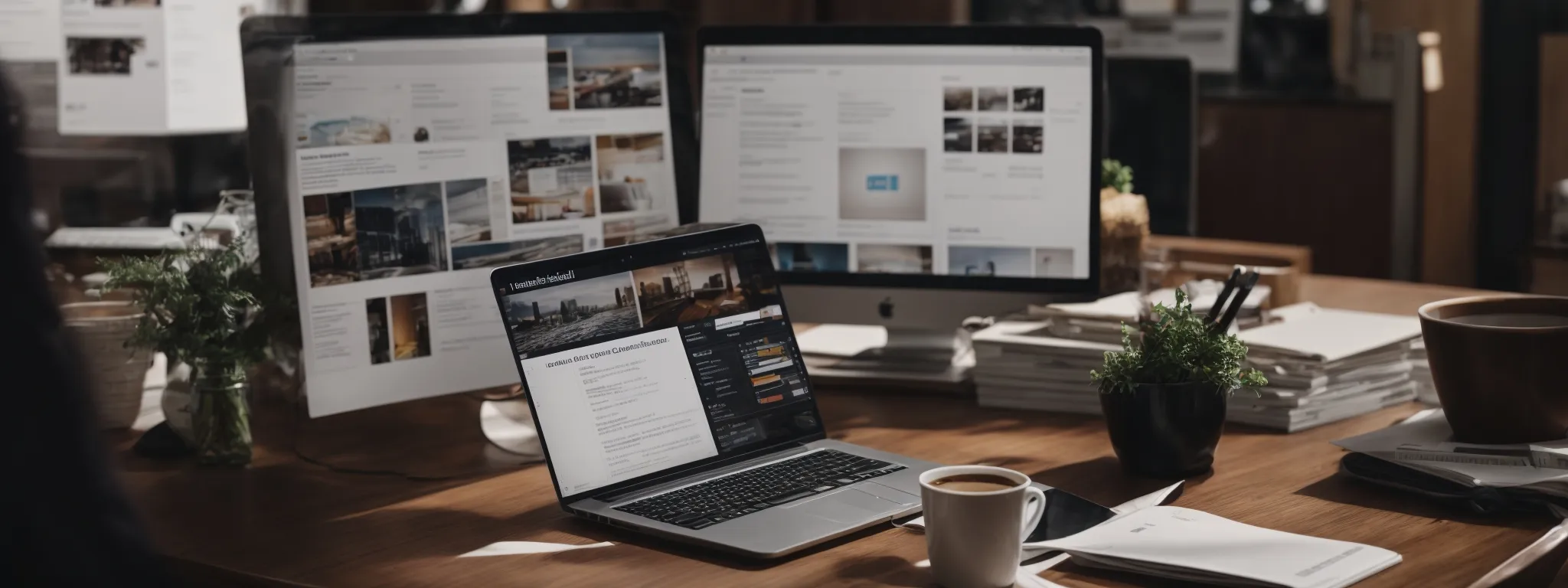 a business owner hovers over a laptop, focused on optimizing their online business profile amidst a stack of market research reports.