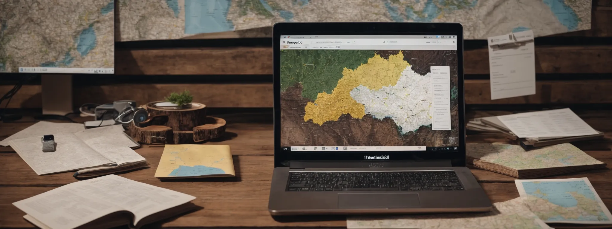 a laptop with an open analytics dashboard sits atop a rustic wooden table, surrounded by notes and a map of ukraine.