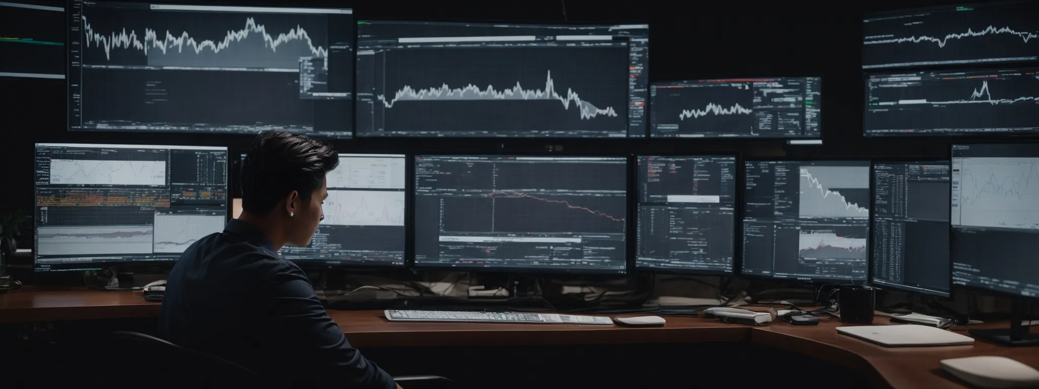 a person sitting at a modern desk with multiple computer screens displaying graphs and project management interfaces.