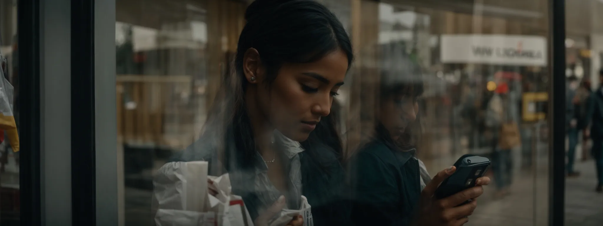 a shopper looks at their mobile phone in front of a store, reflecting the influence of a digital search on their decision to enter.