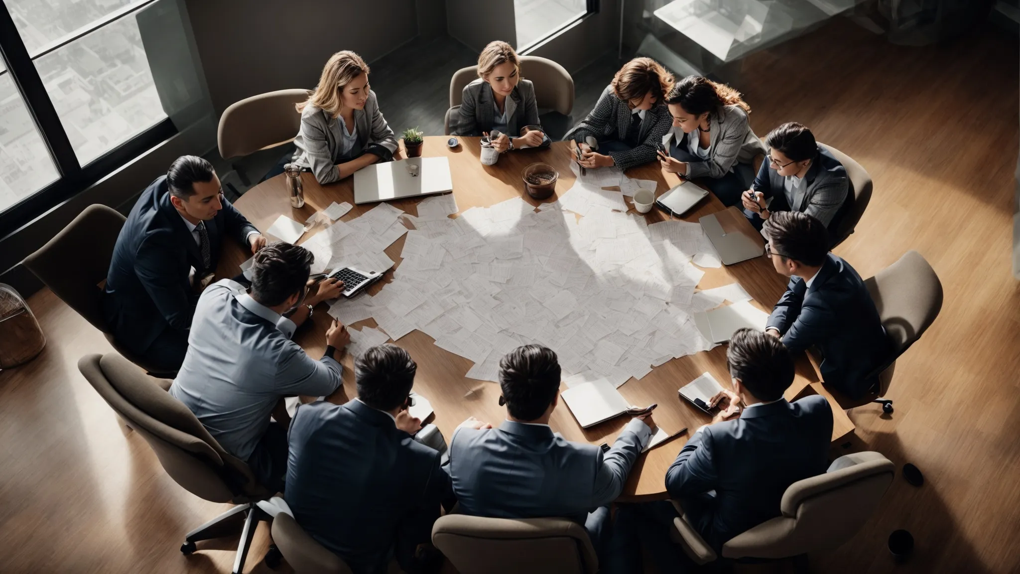 a marketing team gathers around a conference table, brainstorming over a digital strategy map.