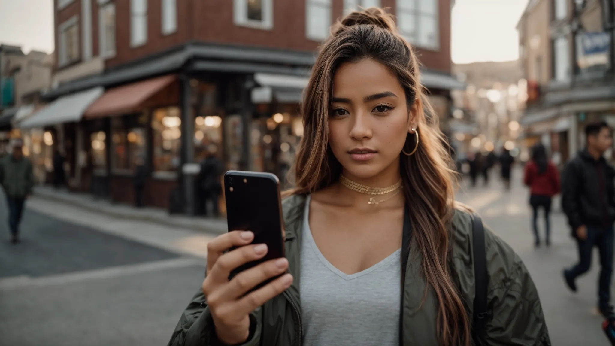 a local influencer holding a smartphone takes a selfie on a bustling city street corner, with small local business storefronts in the background.