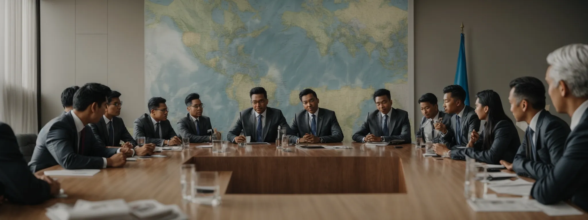 a group of business professionals gathered around a conference table with a world map and a pin on a local city.