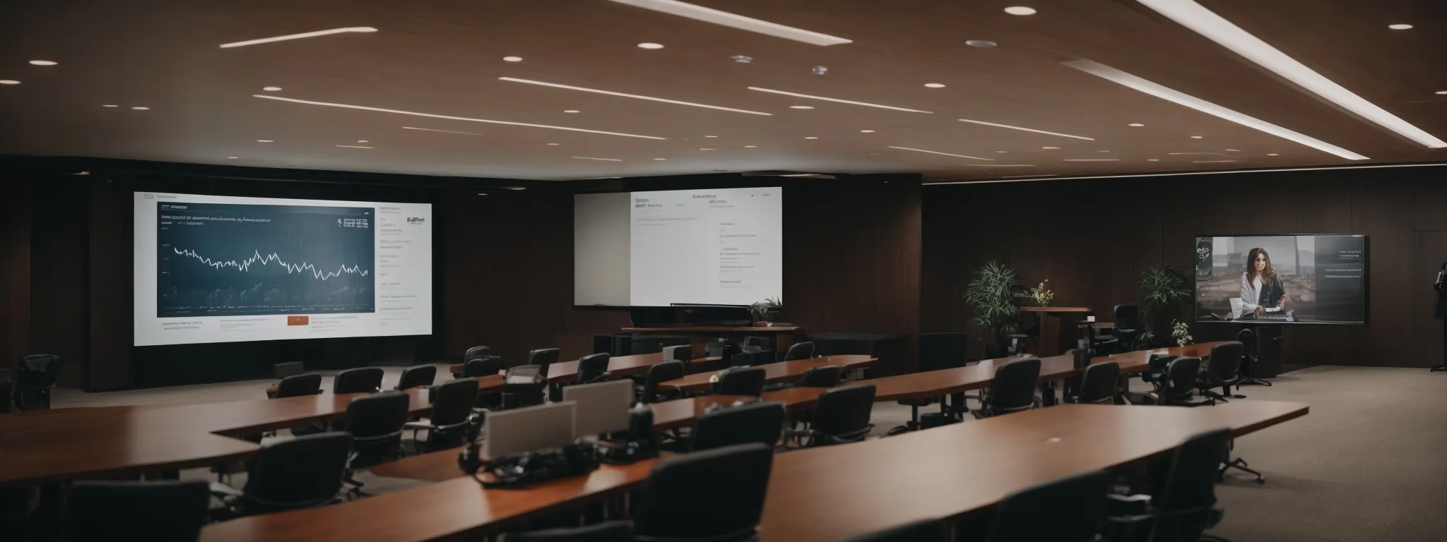 a speaker presenting a webinar on seo success stories in a conference room.