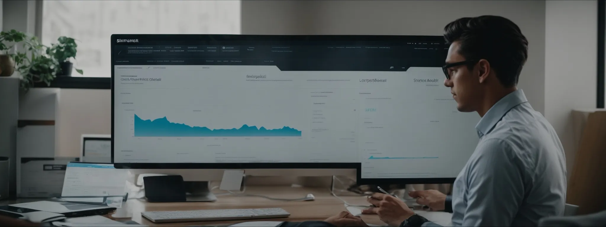 a business professional analyzing a shopify dashboard on a computer screen, illustrating the process of an seo audit.