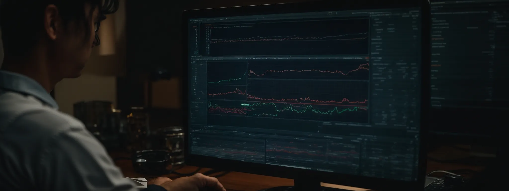 a person analyzing data charts on a computer screen representing search rankings and seo performance.