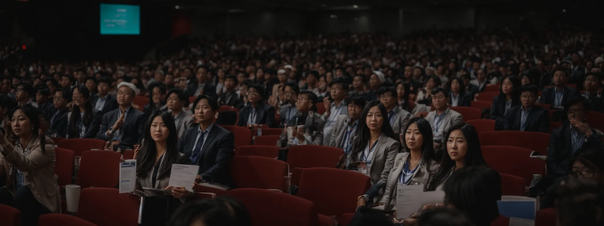 a woman gesturing knowledgeably at a digital marketing conference podium, with a diverse audience attentively listening.