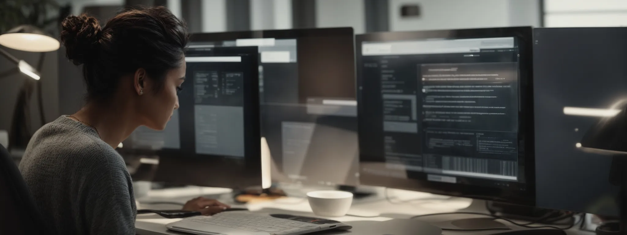 a person interacting with a sleek, intuitive website interface on a desktop computer in a brightly lit office.