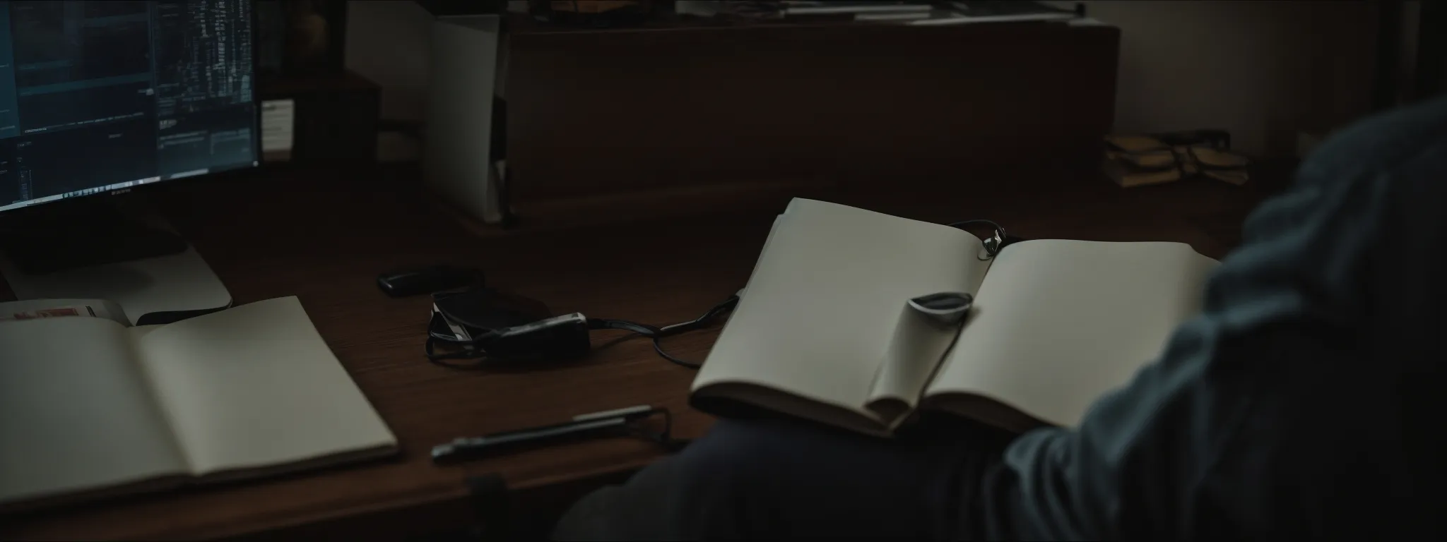 a man sitting with a laptop, deeply engrossed in an open book that lies beside his computer on a well-organized desk.