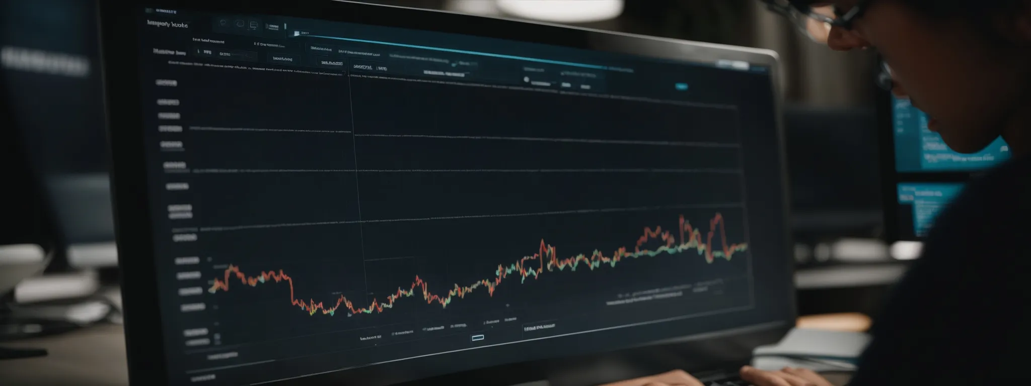 a professional studying an analytics dashboard on a computer screen, reflecting the growth in website traffic.