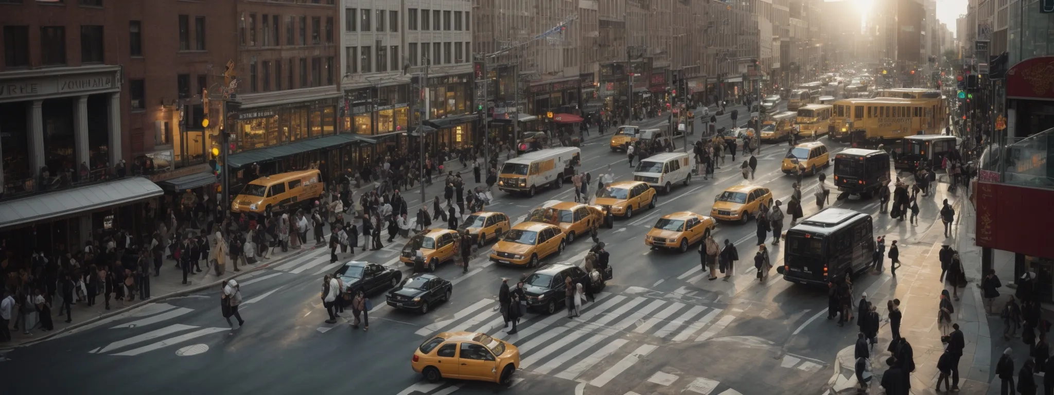 a bustling city intersection with a stream of pedestrians crossing, symbolizing the constant flow of organic traffic to a popular destination.