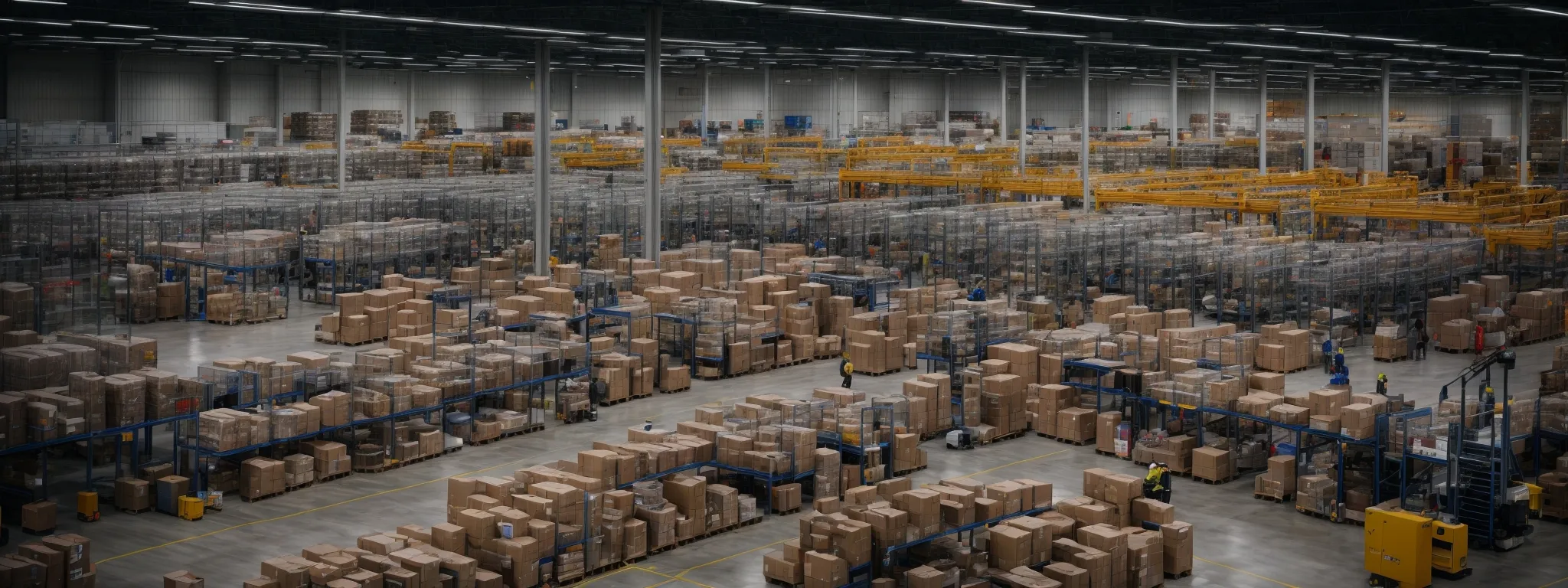 a high-level view of a bustling amazon warehouse with workers managing product inventory.