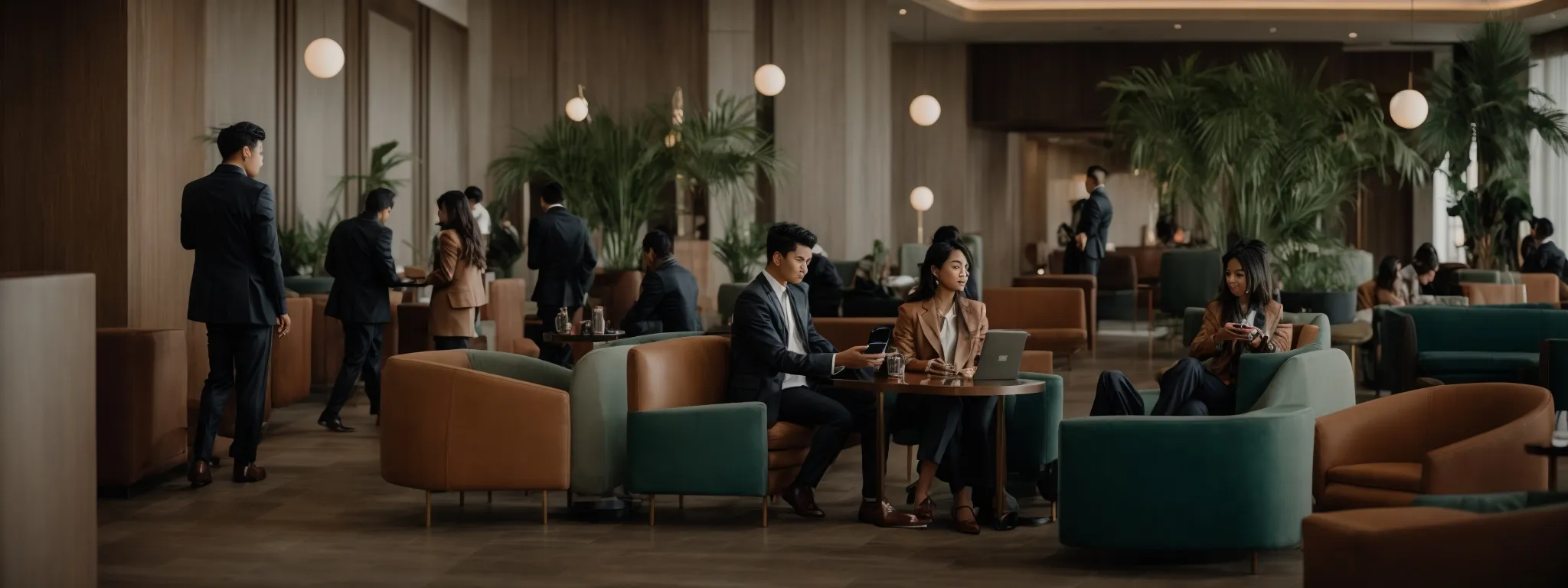 a modern hotel lobby with guests comfortably using their smartphones and laptops.