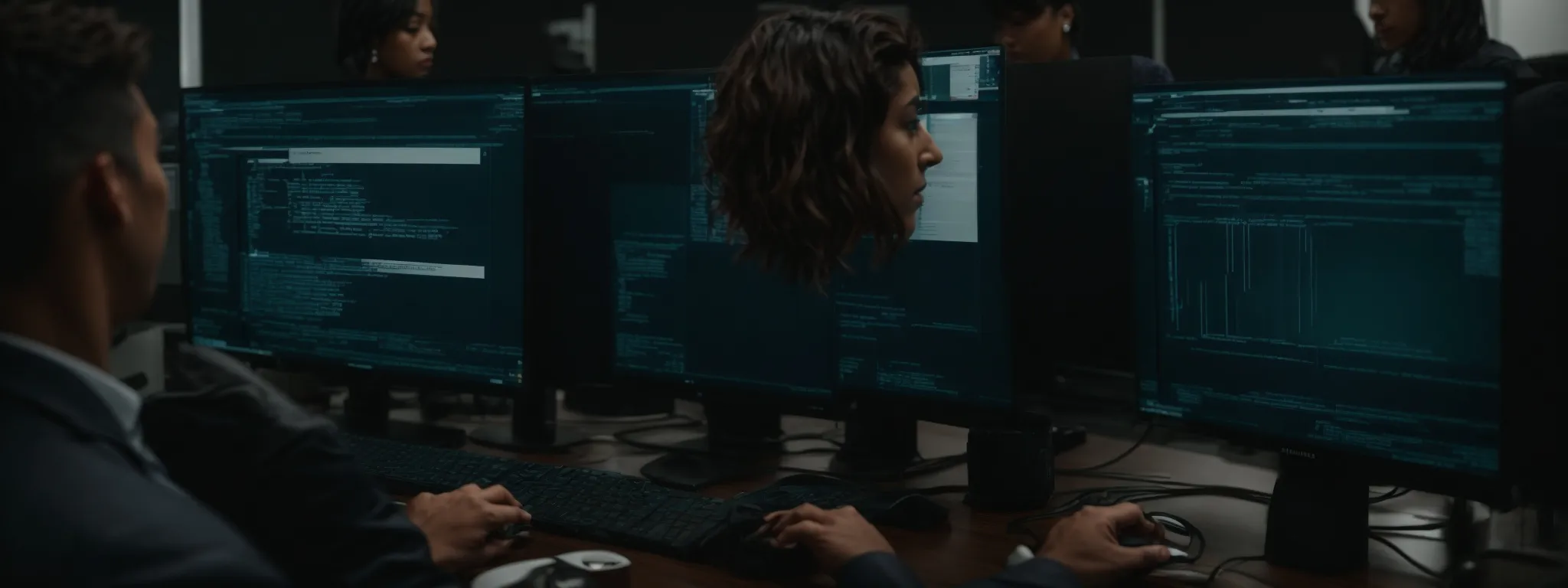 a diverse group of professionals examines code on a large computer screen in a modern office setting.