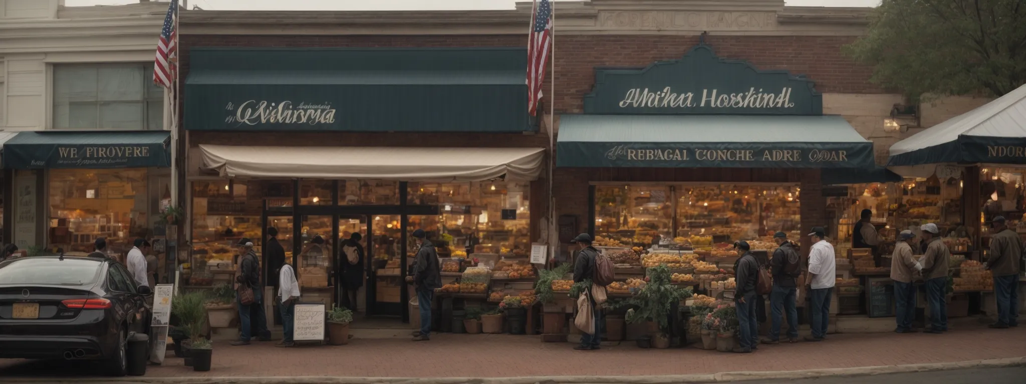 a panoramic view of a bustling virginia marketplace with diverse storefronts symbolizing regional businesses flourishing online.