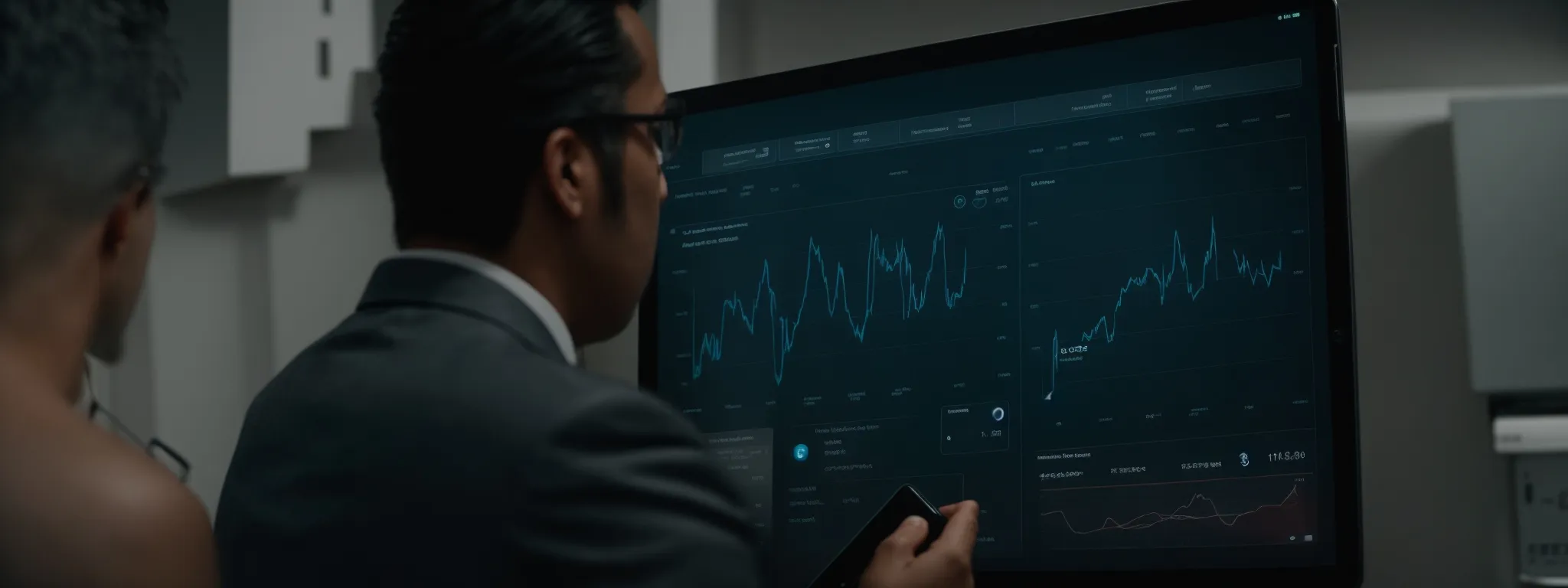 a professional holding a tablet while interacting with an advanced analytics dashboard on a sleek interface.