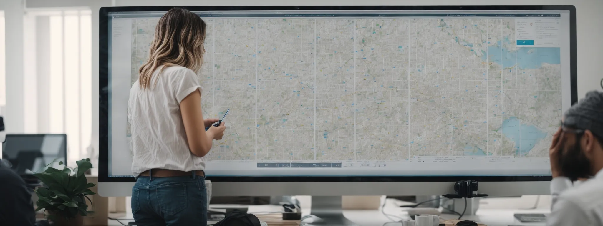 a web designer intently audits a website's structure on a large, bright screen, highlighting the interconnected pages within a site map.