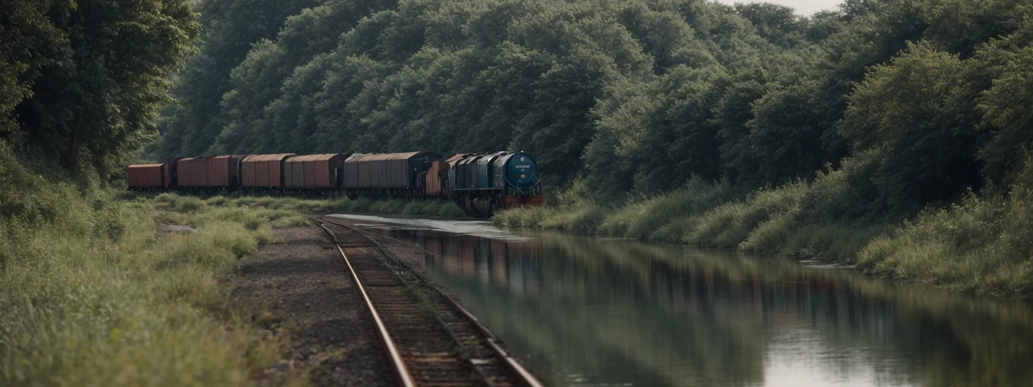 a freight train glides beside a tranquil canal, illustrating the synergy of rail and waterway transport.