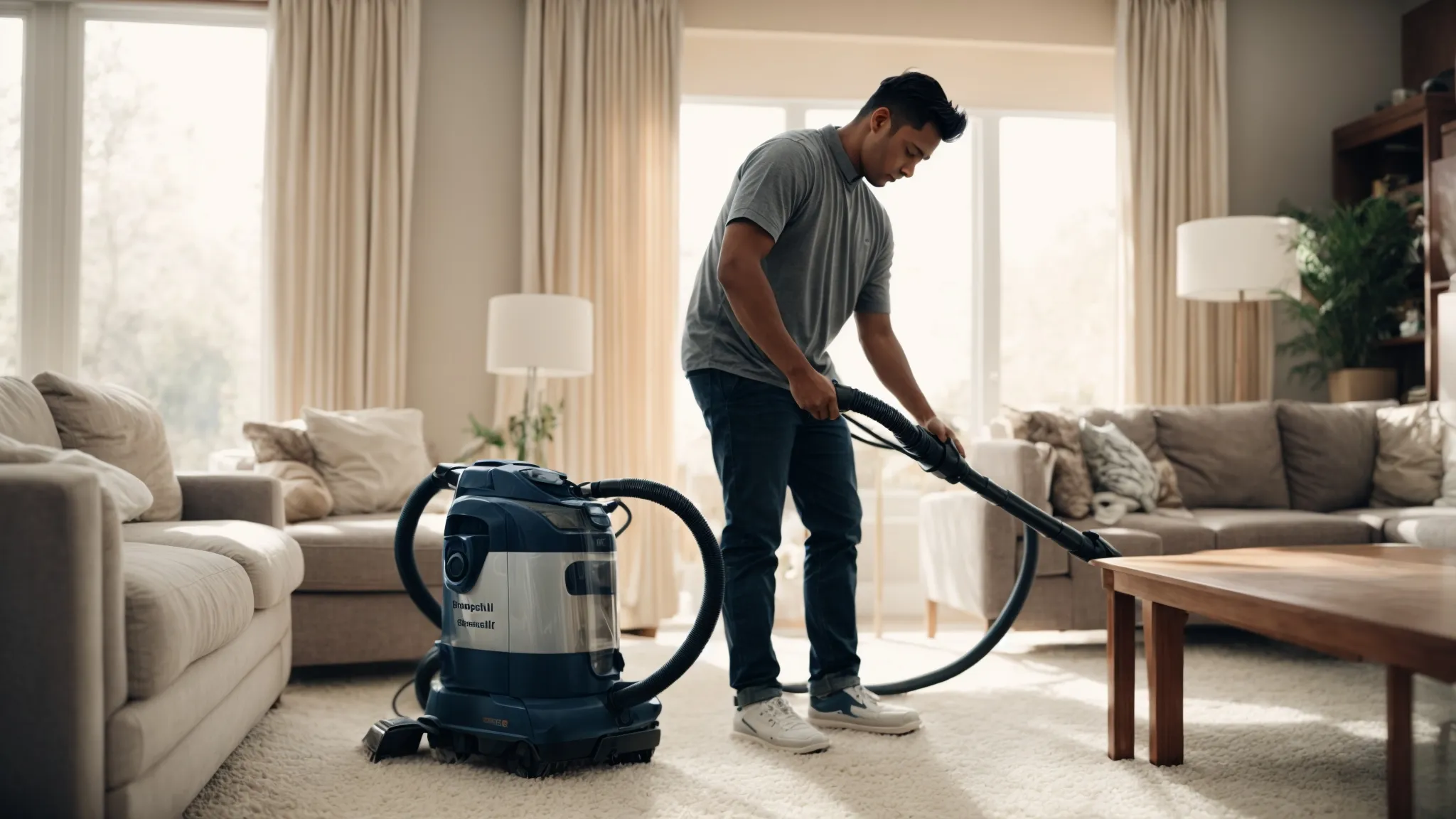 a person cleaning a carpet with a professional steam cleaner in a well-lit living room.