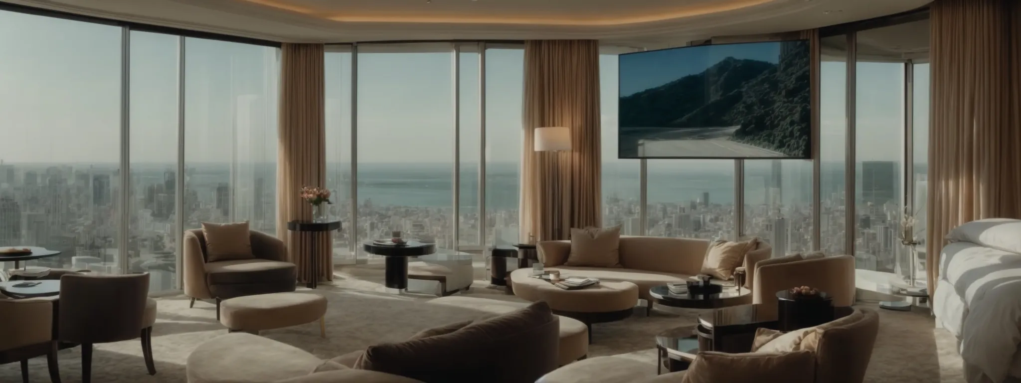 a luxurious hotel room with panoramic views showcased in an engaging video tour on a screen.