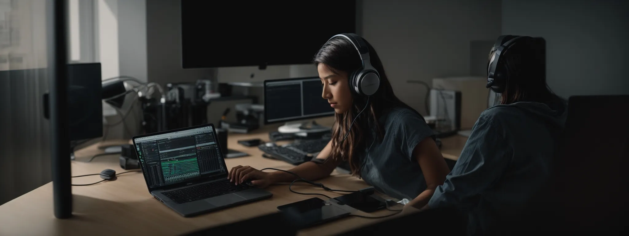 a person wearing headphones sits at a minimalist styled desk, focusing intently on a computer screen displaying audio editing software.