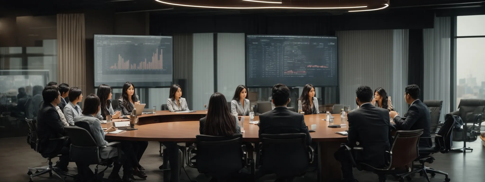 a group of professionals discussing around a conference table with a laptop and digital marketing statistics on a screen.