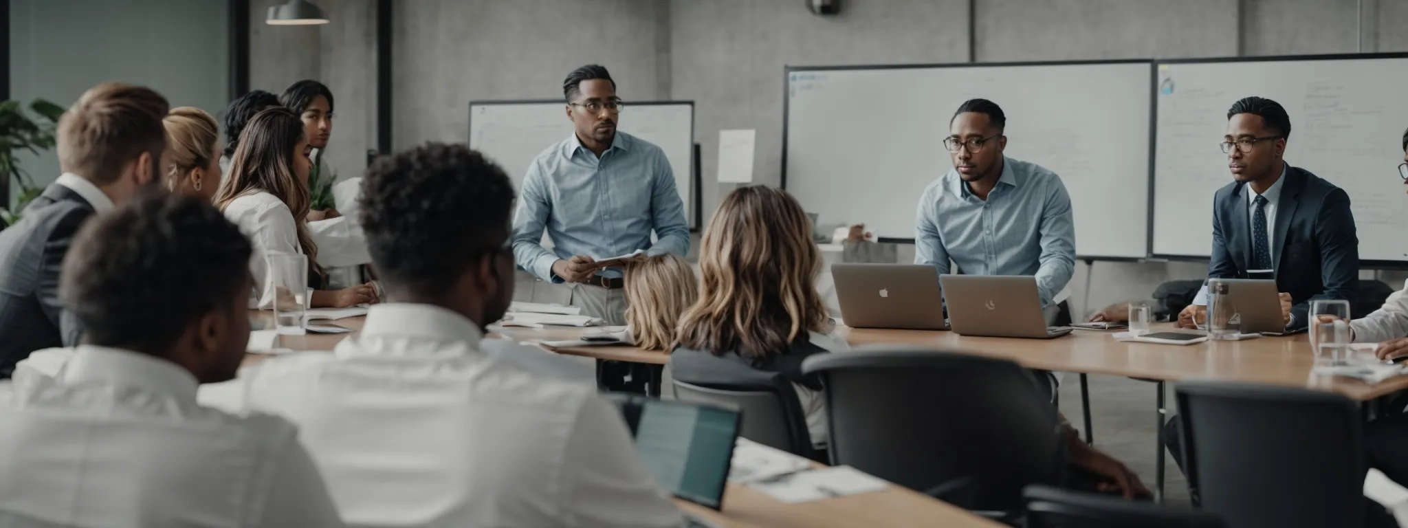 a group of professionals gather around a conference table, intently discussing strategies with laptops open and a clear whiteboard awaiting ideas.