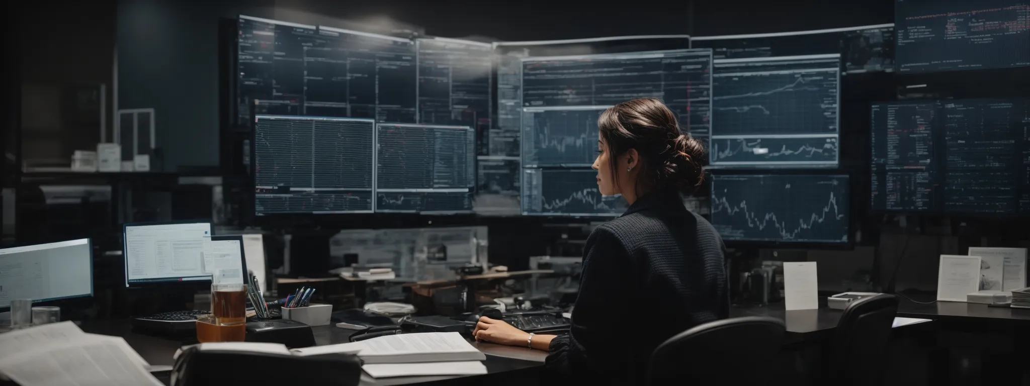 a person at a contemporary workspace surrounded by research documents and a computer screen displaying analytics charts.