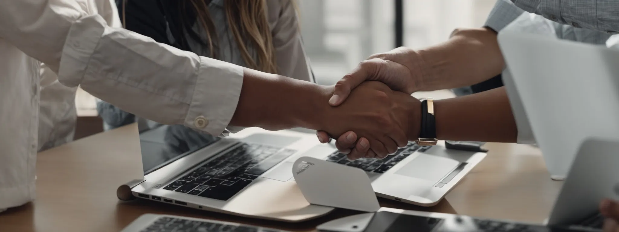 two corporate partners shake hands over a laptop displaying a graph of increasing website traffic.