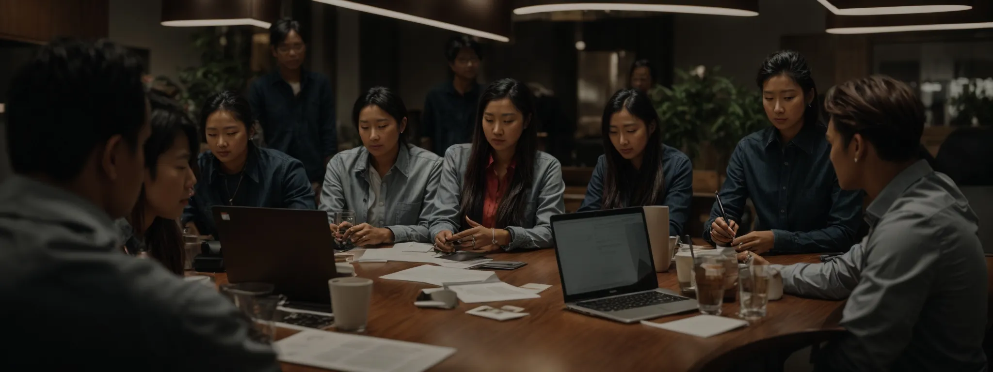 a group of professionals gathered around a table with a laptop, discussing strategies with a clear focus on teamwork and planning.