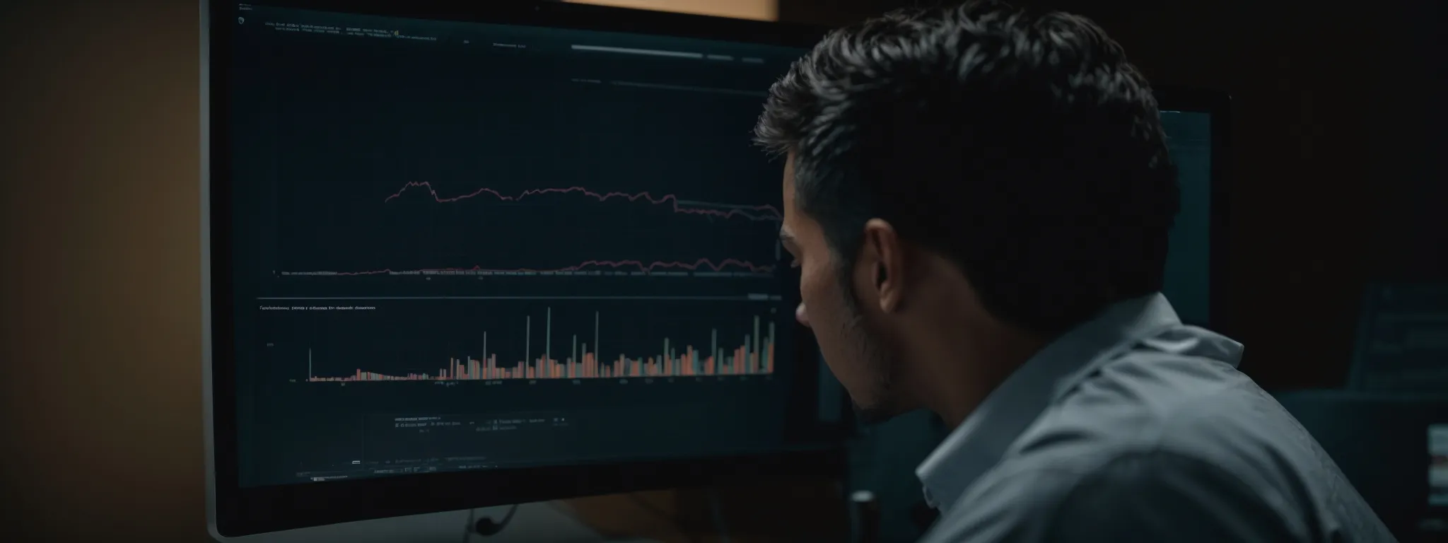 a focused individual gazes intently at a computer screen, graph lines ascending as they analyze a dashboard of website analytics.