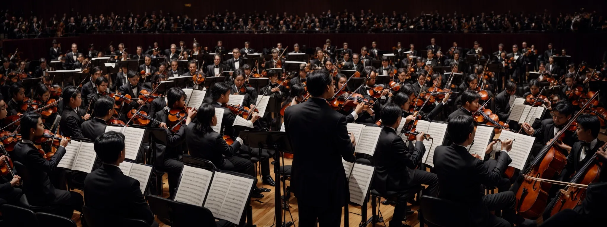 a conductor leading an orchestra where each musician attentively follows the lead, symbolizing the harmony between expertise and creativity.