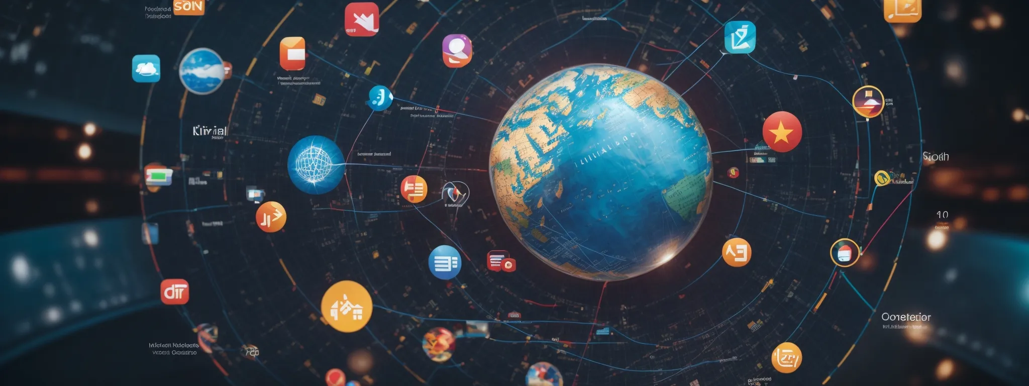 a globe surrounded by digitalized icons representing different search engines, with connecting lines symbolizing international seo strategies.