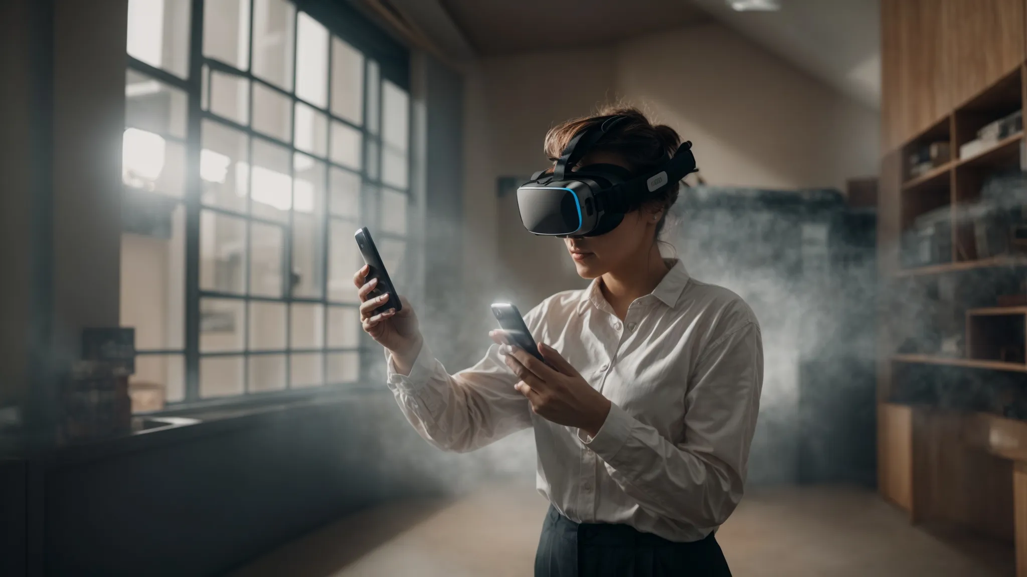 a person wearing vr glasses interacting with virtual elements superimposed onto the real environment, as seen through a smartphone screen.